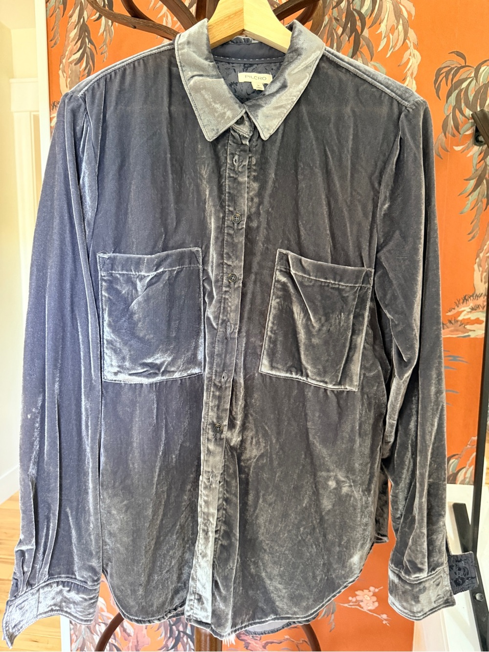 Pilcro Gray Velvet Button-Up Top